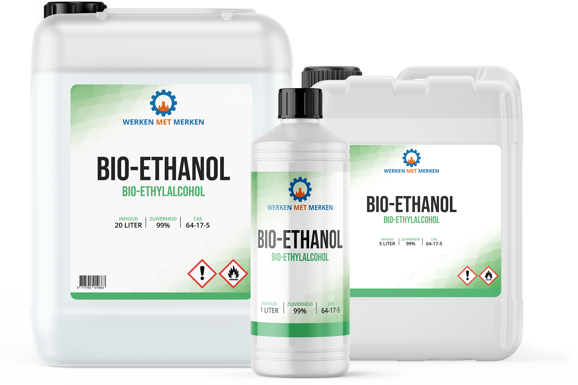 Bio-Ethanol 99% in 1 liter, 5 liter en 20 liter verpakking